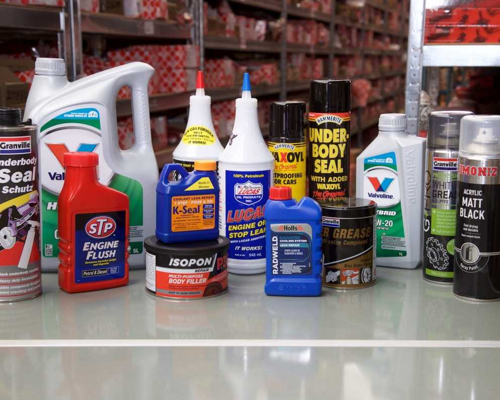 Mixture of branded products lined up on table